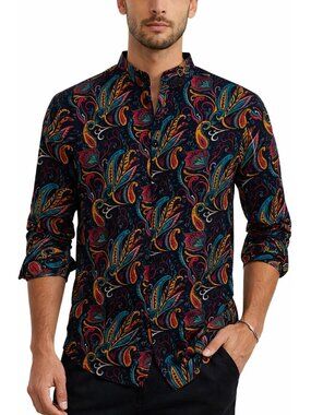 Coofandy Shirt Men's Small Paisley Retro Button Down Cotton Mandarin Collar Boho
